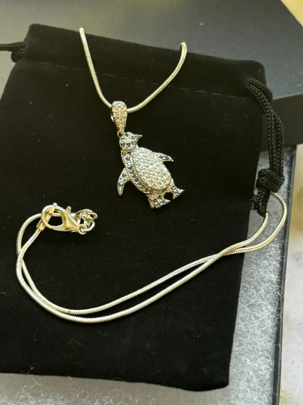 Moissanite & Black Spinel Sterling Penguin with 18" Sterling Silver Snake Chain